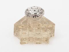 19th Century Victorian Silver Topped and Cut-Glass Ink Pot and Pen Tray