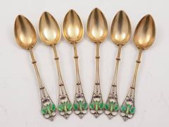 Cased Set of Six, 20th Century Silver Gilt and Enamel Spoons