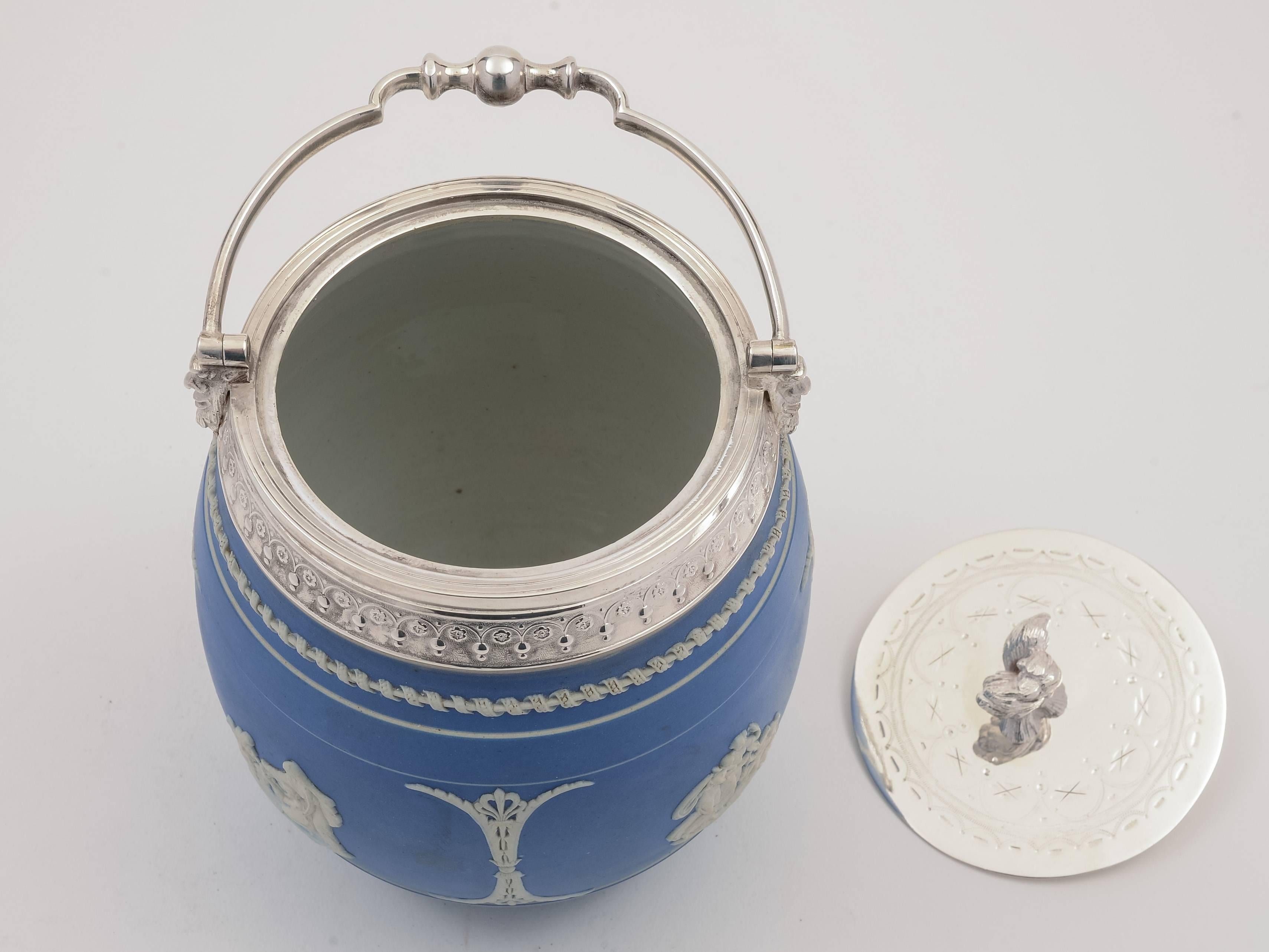 Late Victorian 19th Century Victorian Blue Jasperware China Biscuit Barrel
