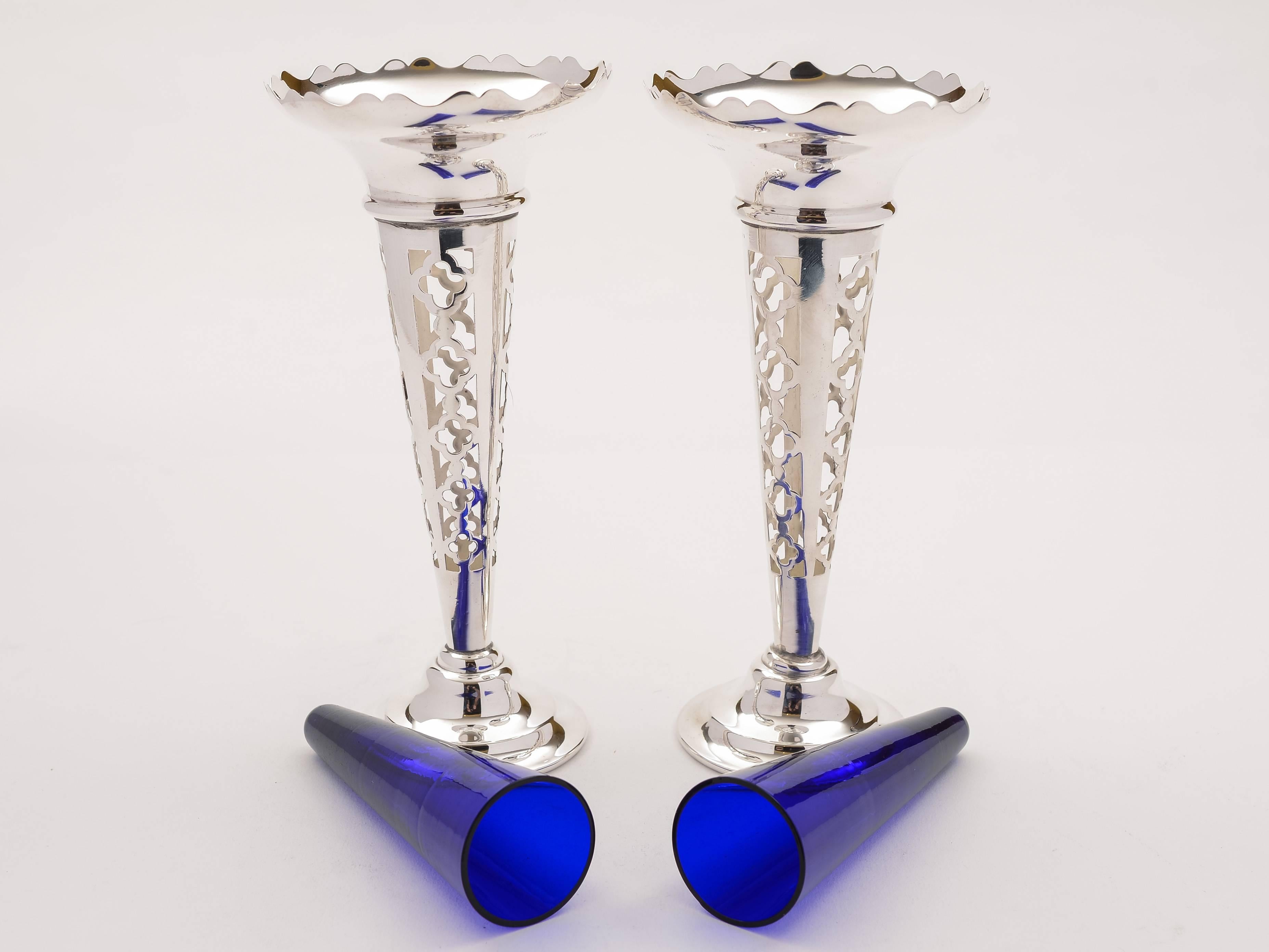 English Pair of 20th Century Art Deco Silver Plated Vases