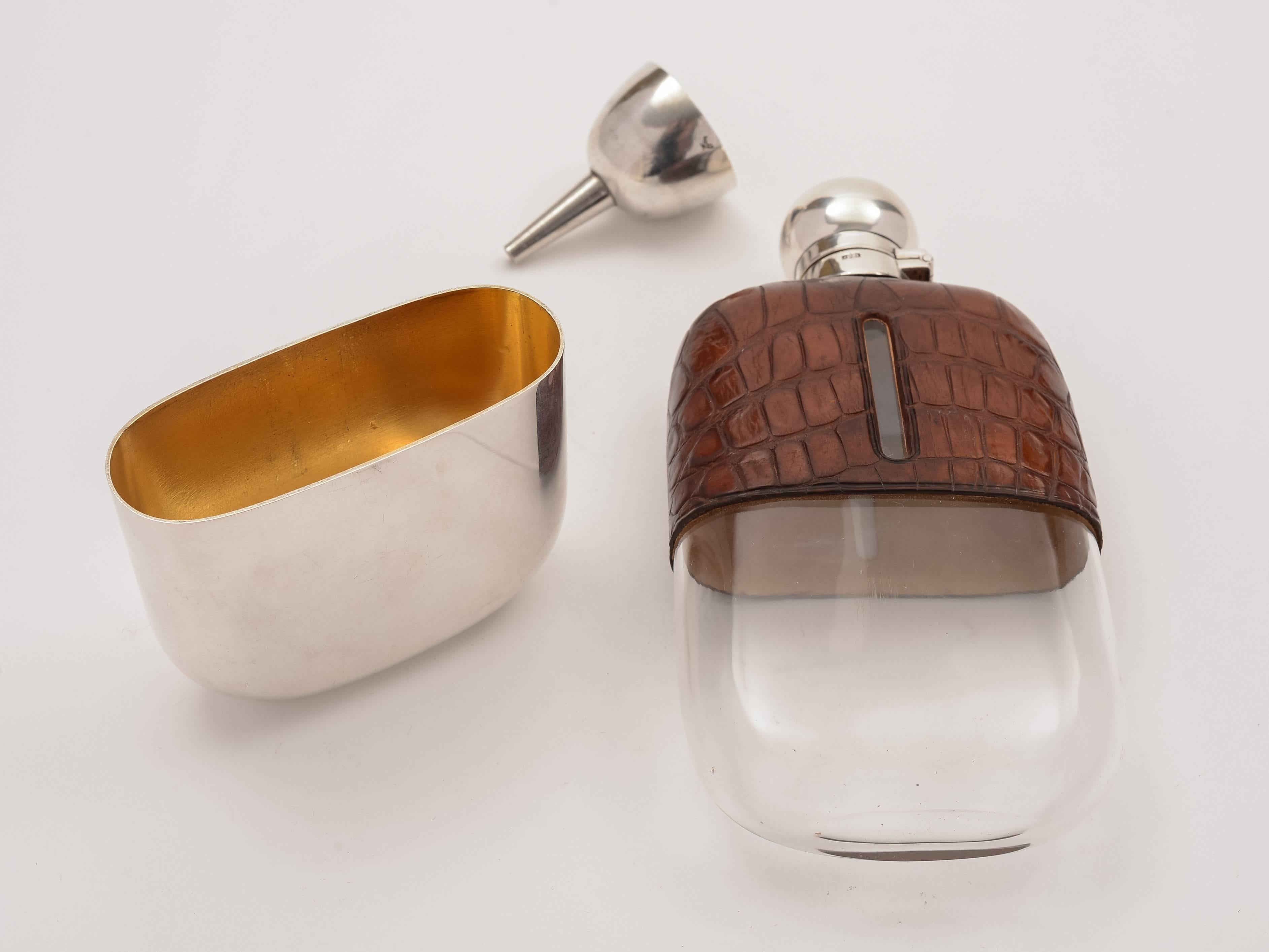 Great Britain (UK) 20th Century Edwardian Crocodile Leather Covered Hip Flask, circa 1905 For Sale
