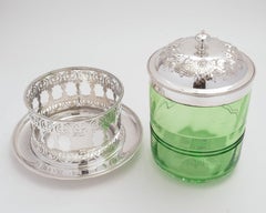 19th Century Victorian Green Glass and Silver Plated Biscuit Box