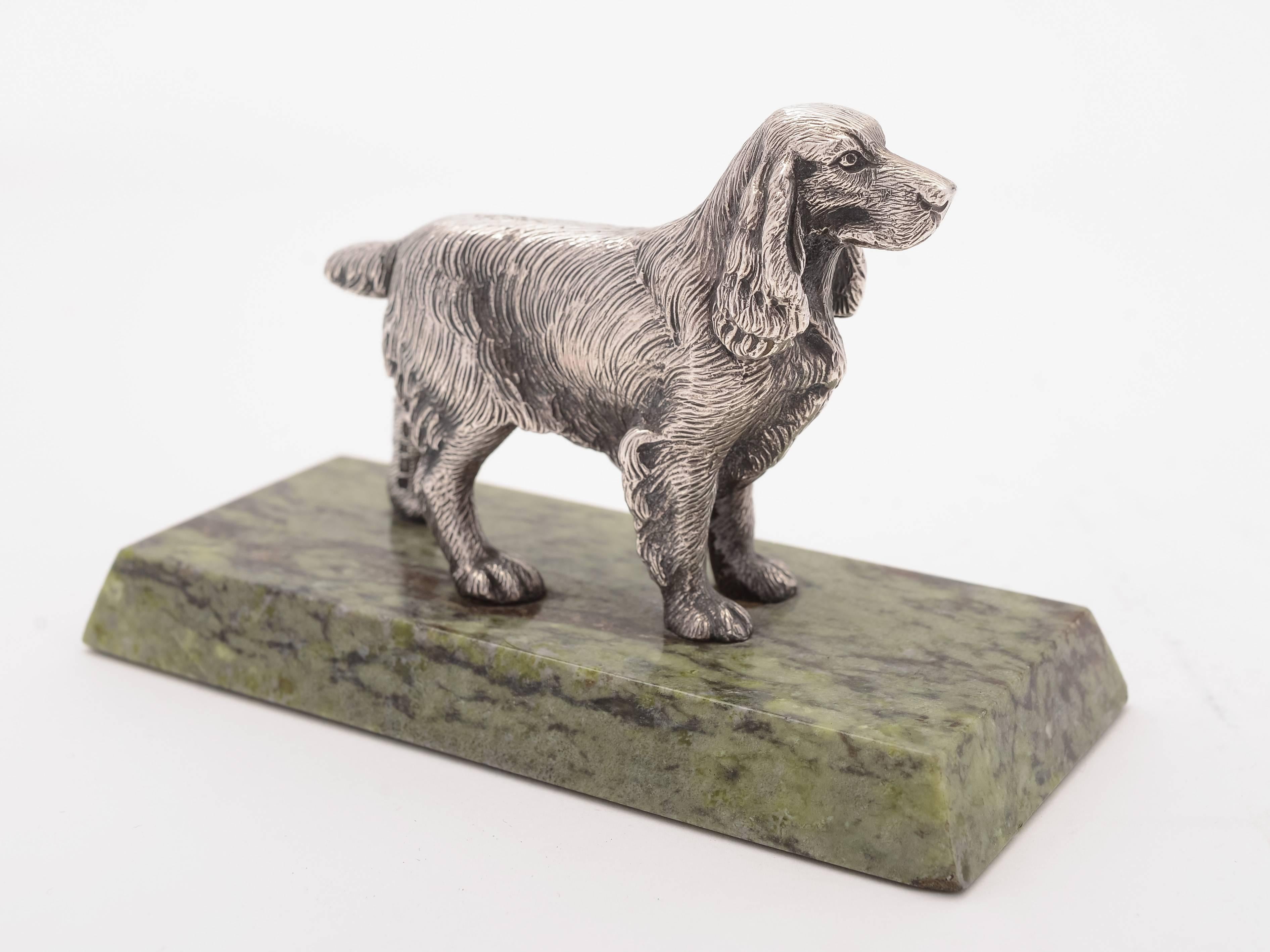 A fabulous English silver figure of spaniel on green marble base (nicely modelled), made by the renowned maker 'Albert E Jones' and hallmarked Birmingham 1985.

Free worldwide delivery. 

Measurements:
Height: 3 1/2