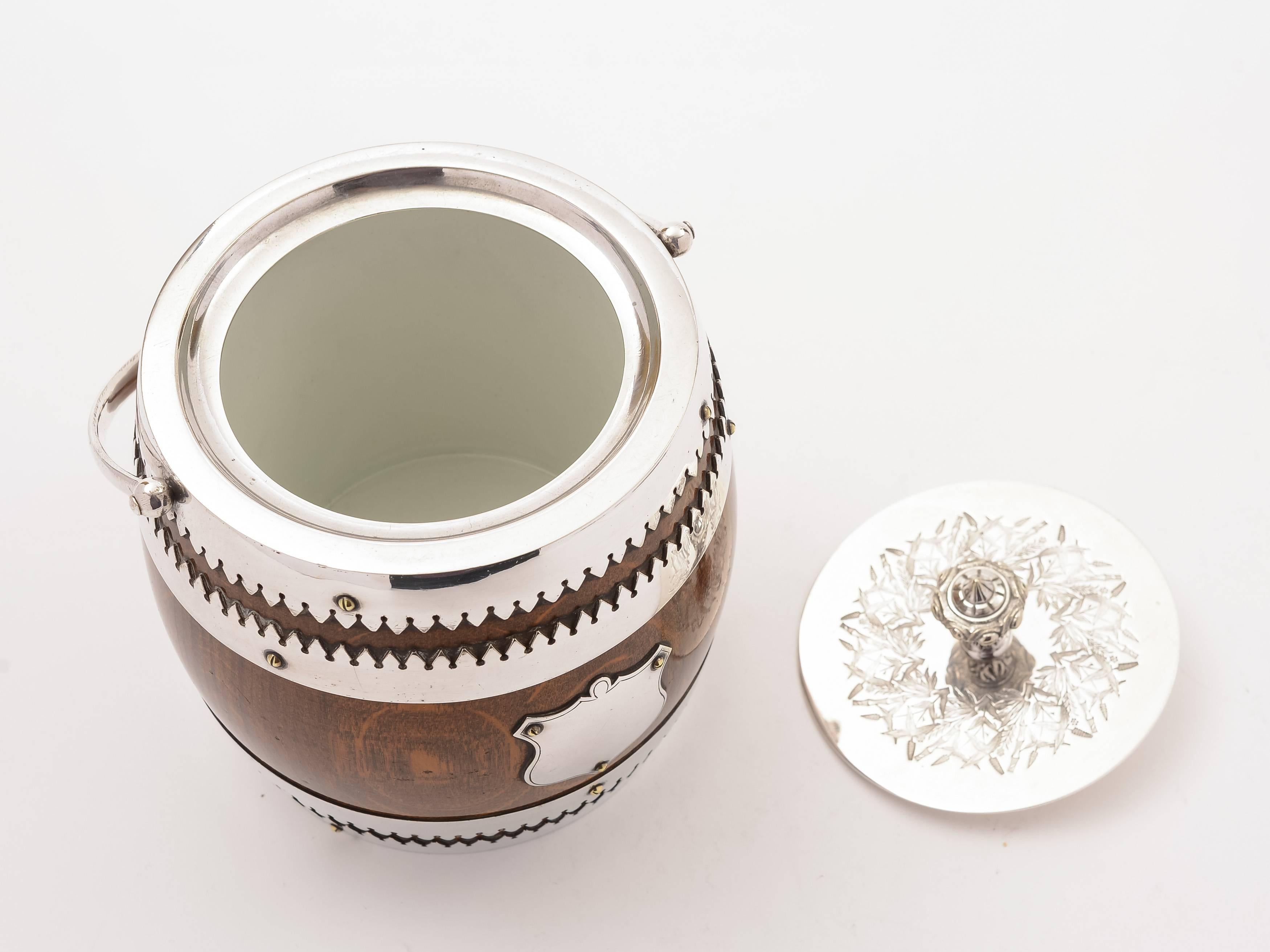European Victorian Oak and Silver Plated Biscuit Barrel, circa 1890