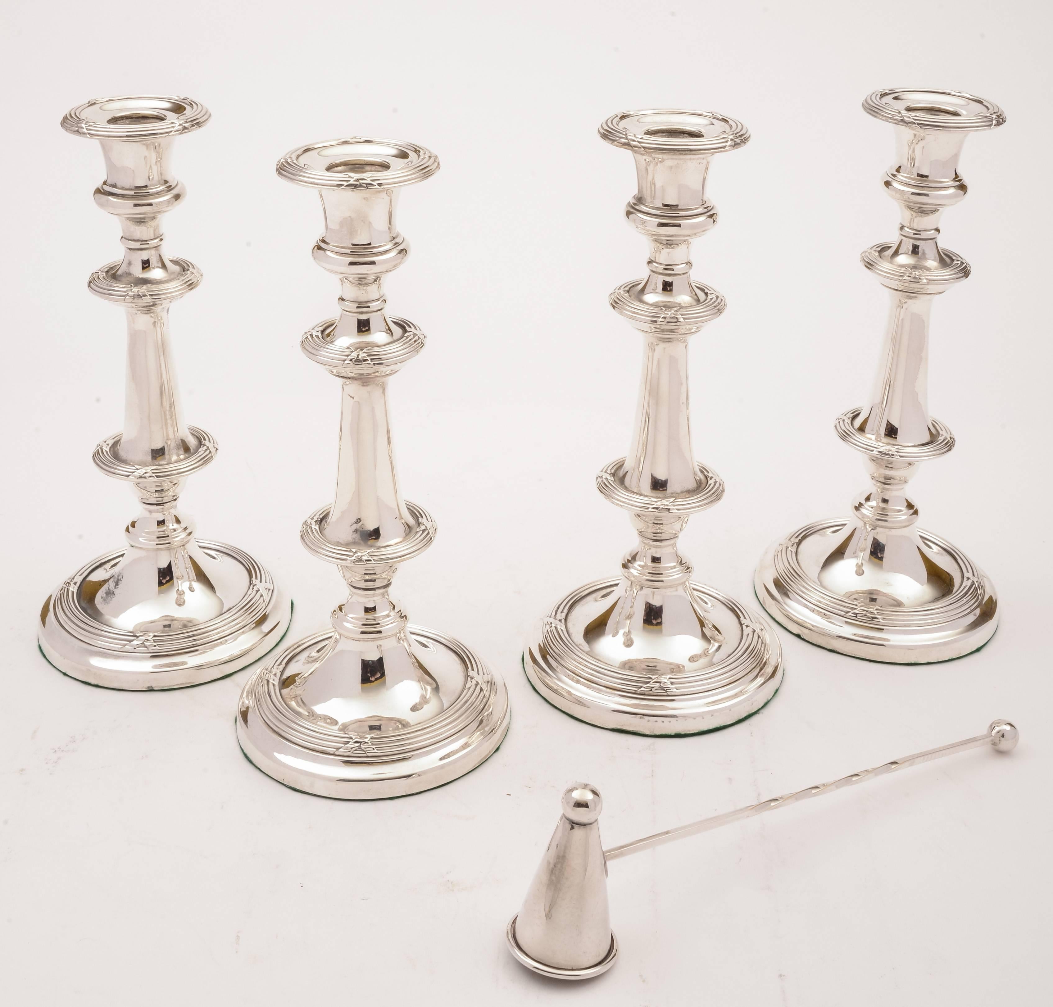 European Set of Four Victorian Candlesticks with Snuffer, circa 1890 For Sale