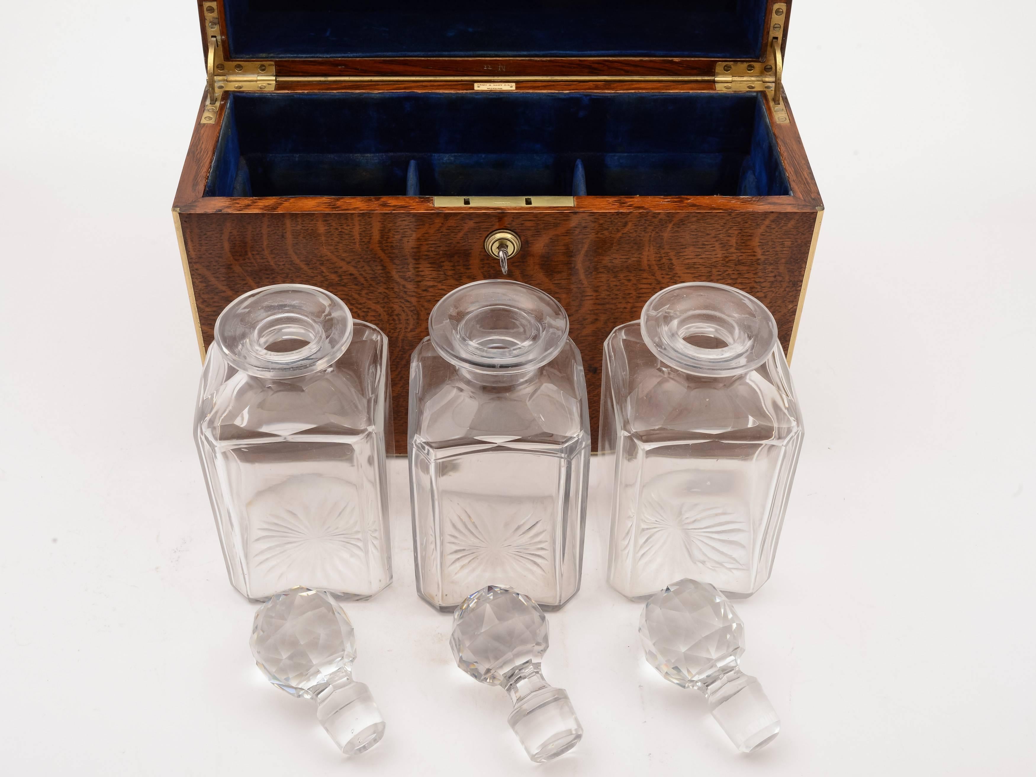 European Victorian Oak Cased Three Bottle Tantalus, circa 1880 For Sale