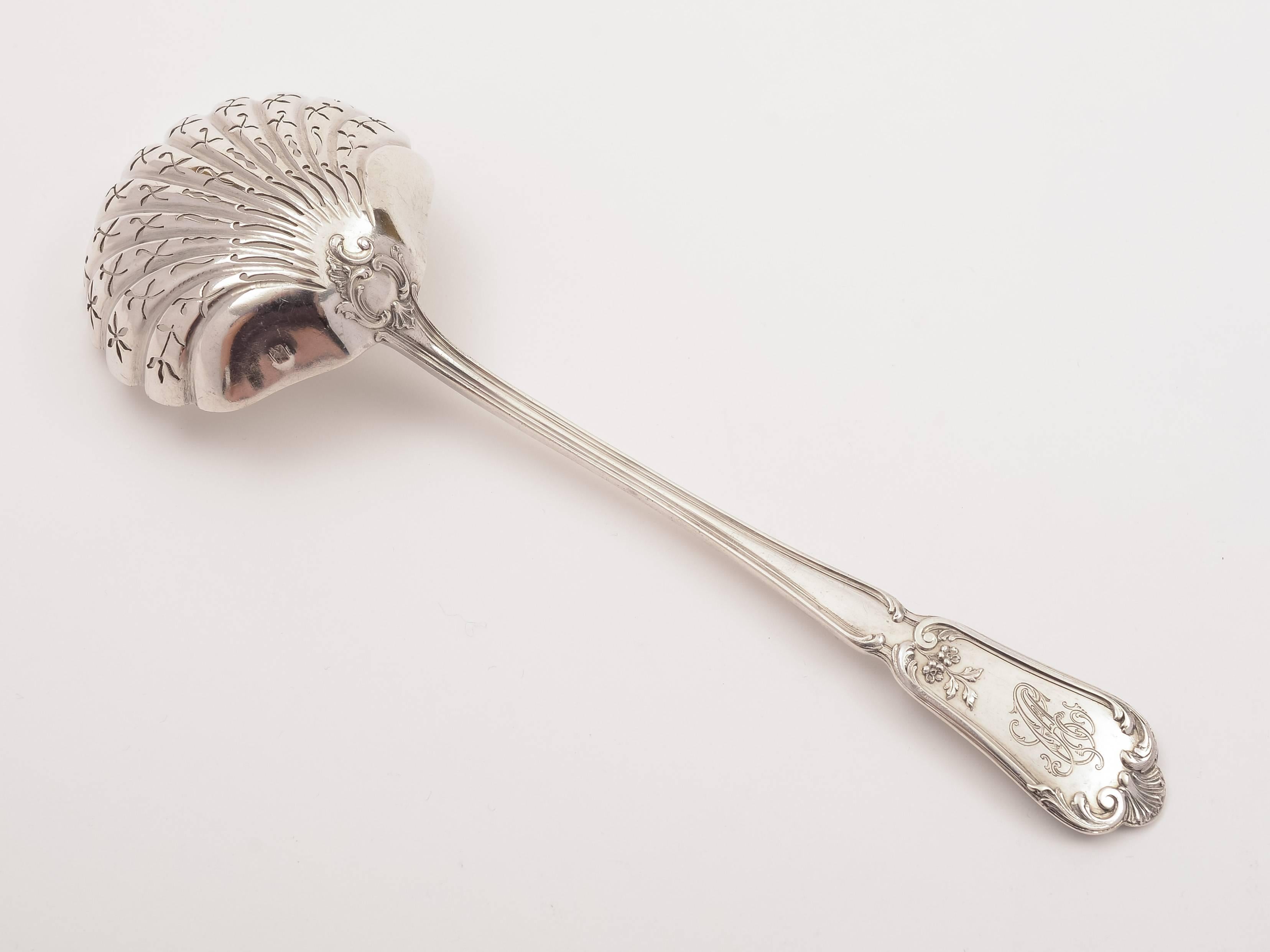 A lovely French silver sifter spoon with pierced shell-shaped bowl and embossed decoration to end. Has the French Minerva silver mark, circa 1900.

 

Measurements:
Length: 8