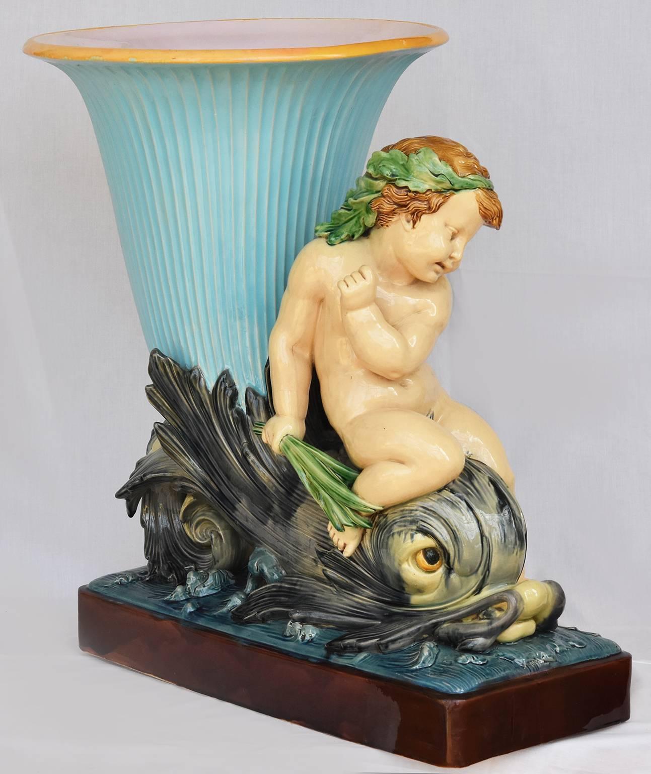 Rococo Revival 19th Century Minton Majolica Monumental Turquoise Dolphin Vase Jardiniere  For Sale