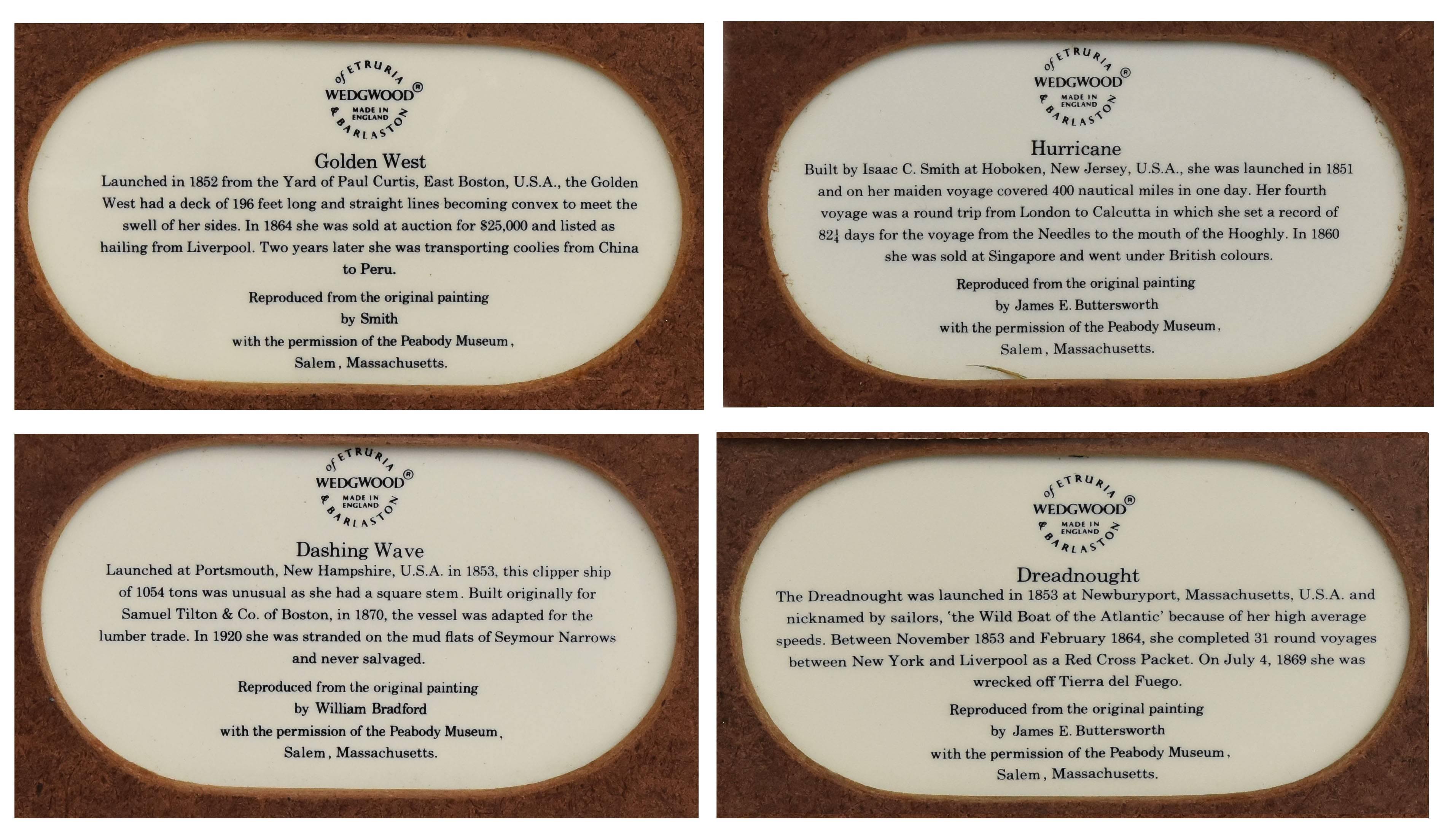 'Clipper ships of America'. A rare limited edition set of four late 20th century Wedgwood transfer printed plaques. Each bone china plaque in gilt wood frame depicting clipper Ships, all reproduced after original oil paintings from the Peabody