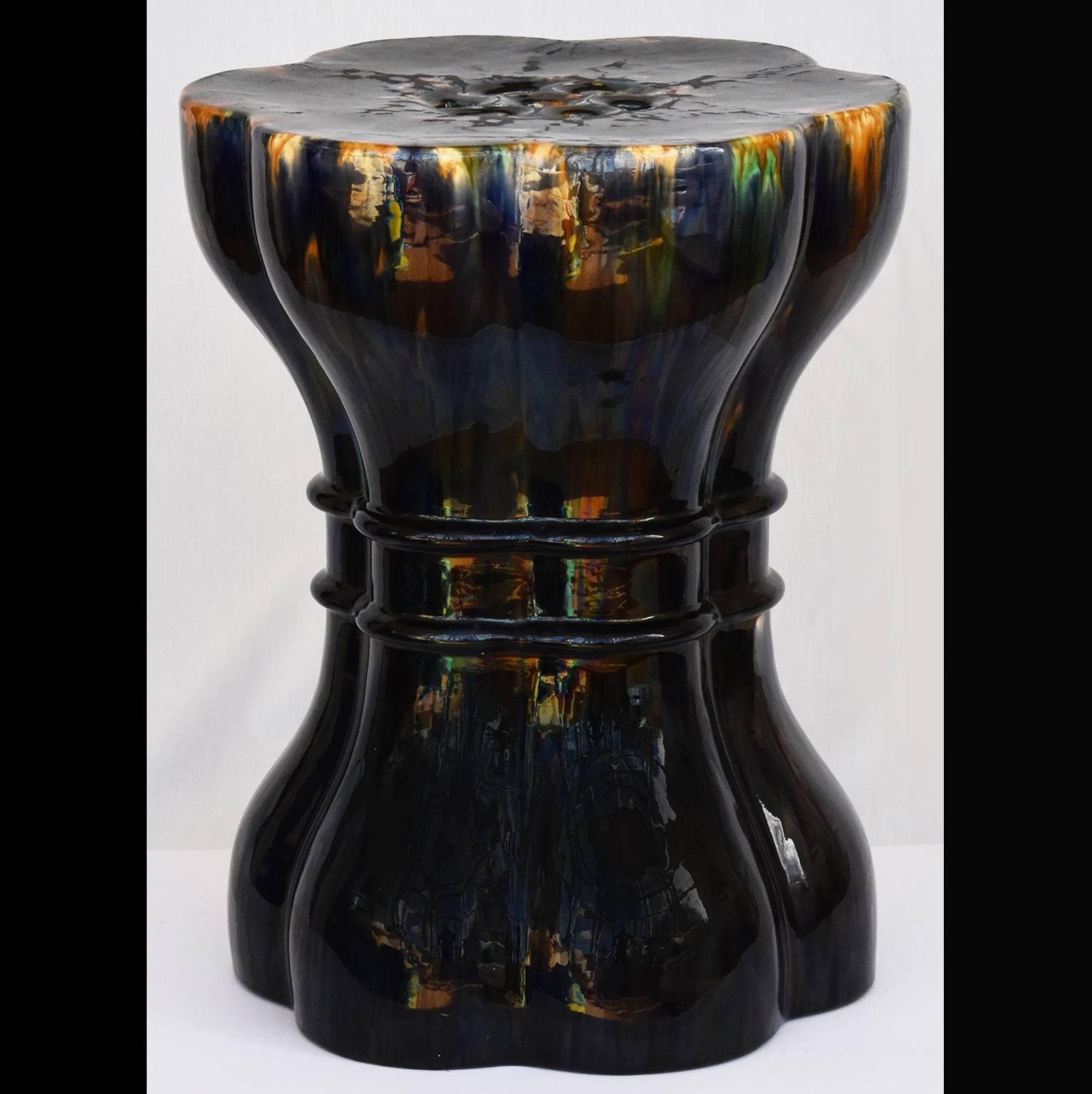A very rare Minton Majolica garden stool designed by A.W.N Pugin, circa 1860.
The body decorated in a mottle cobalt blue green and shades of browns in the style of Bernard Palissy.
This is the only known example of the Minton 'Pugin' garden stool