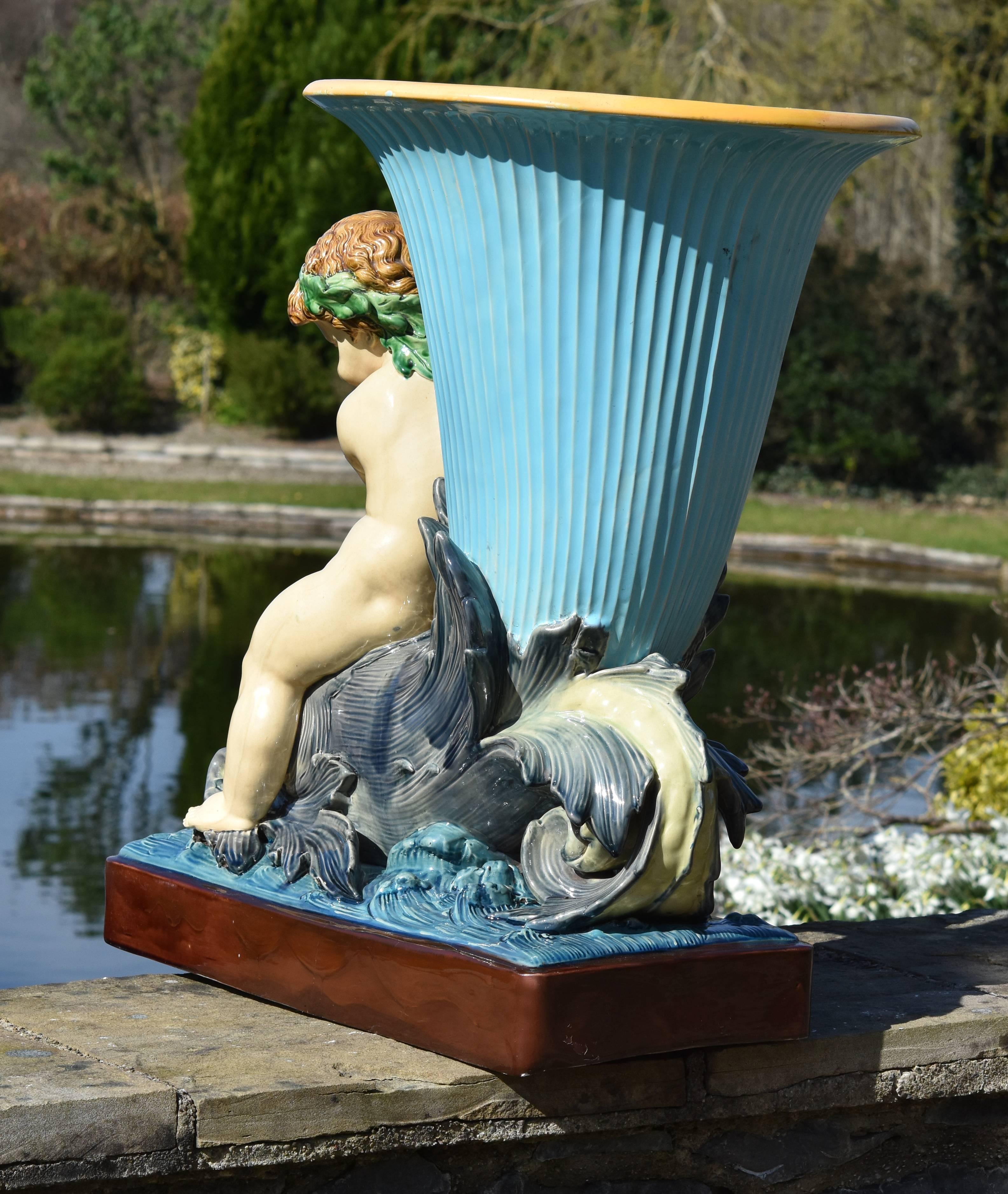 Mid-19th Century 19th Century Minton Majolica Monumental Turquoise Dolphin Vase Jardiniere For Sale