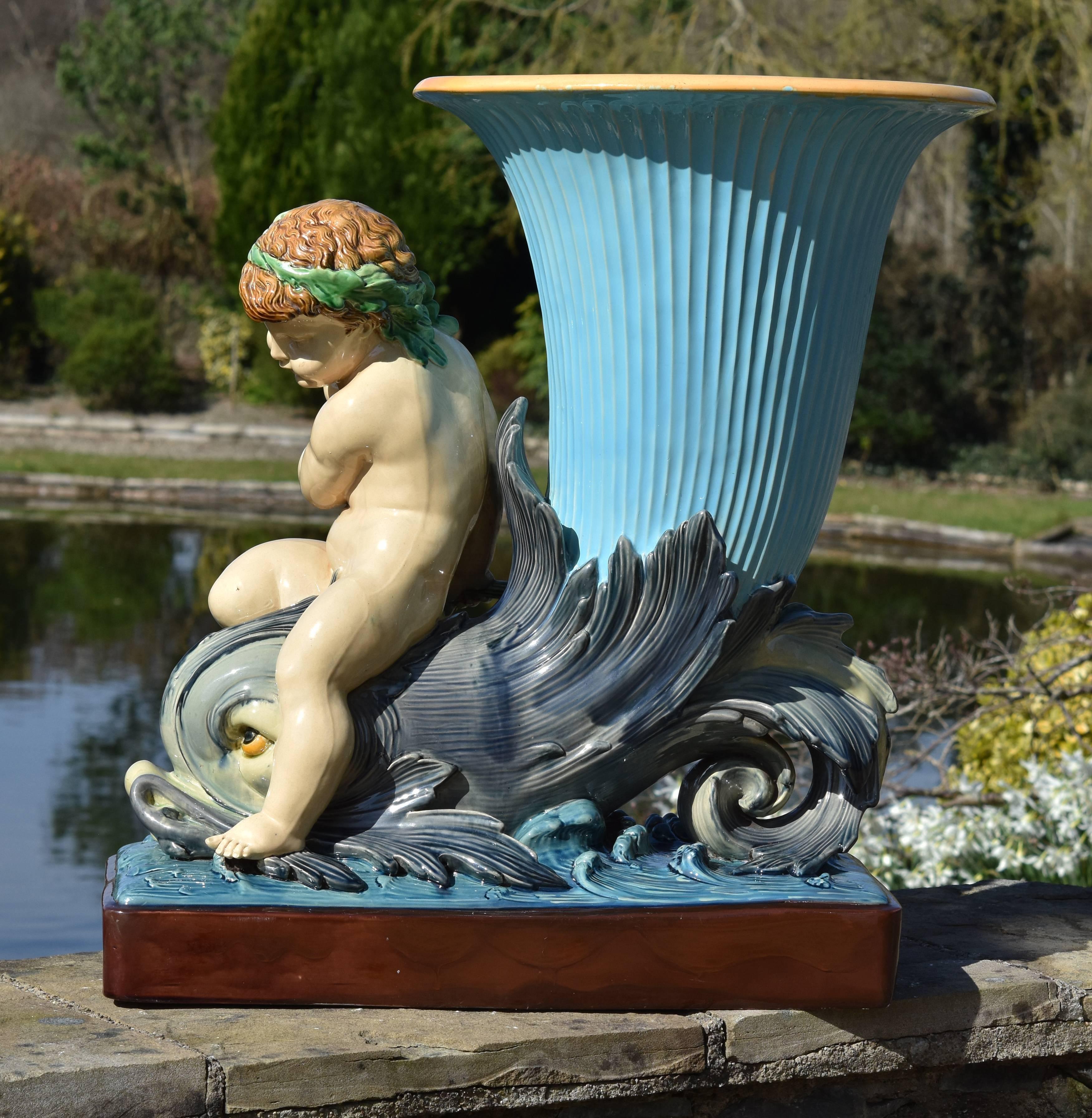 Pottery 19th Century Minton Majolica Monumental Turquoise Dolphin Vase Jardiniere For Sale