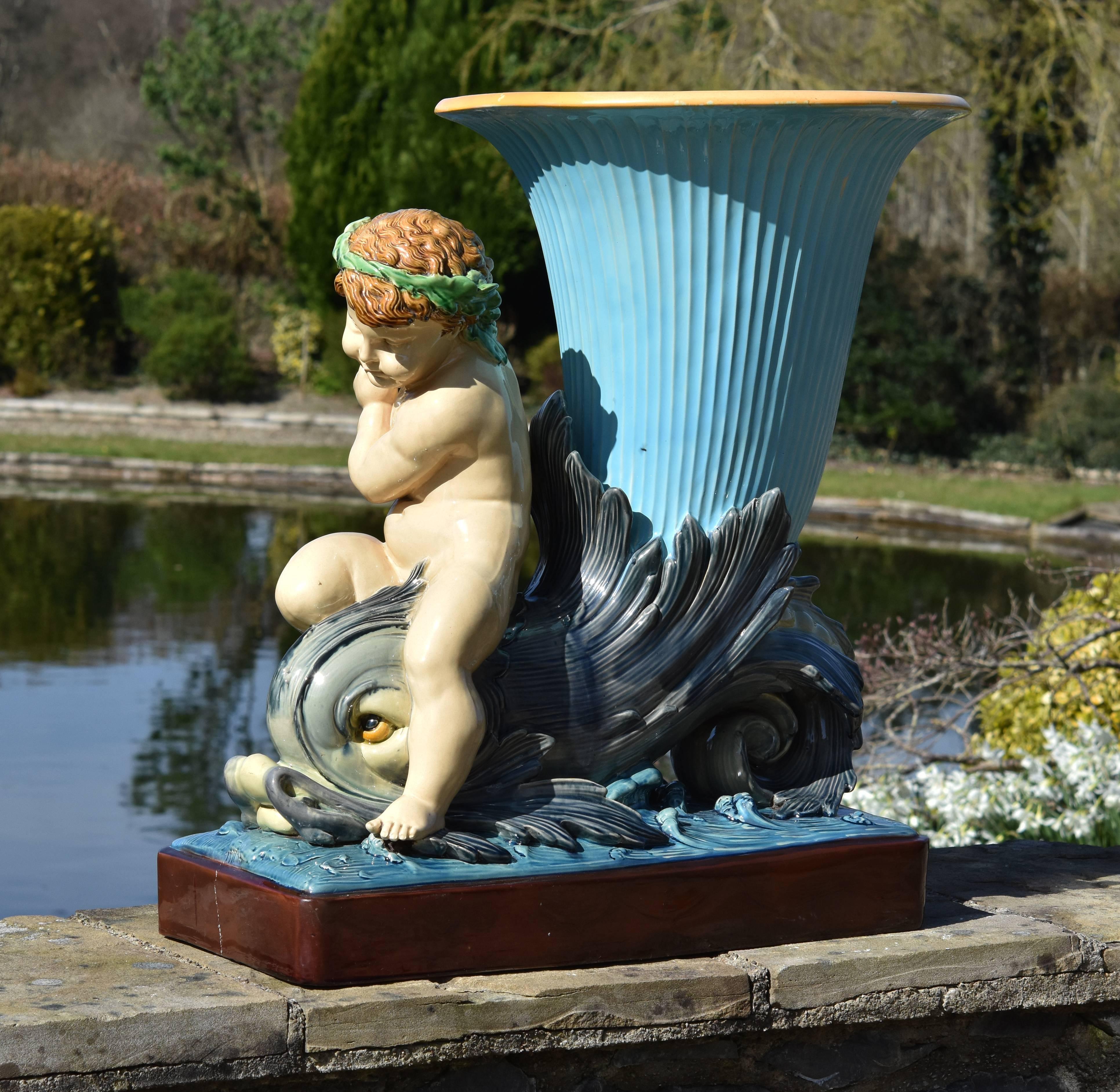 19th Century Minton Majolica Monumental Turquoise Dolphin Vase Jardiniere  For Sale 1