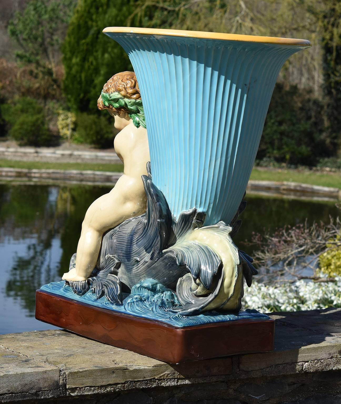 19th Century Minton Majolica Monumental Turquoise Dolphin Vase Jardiniere  For Sale 2
