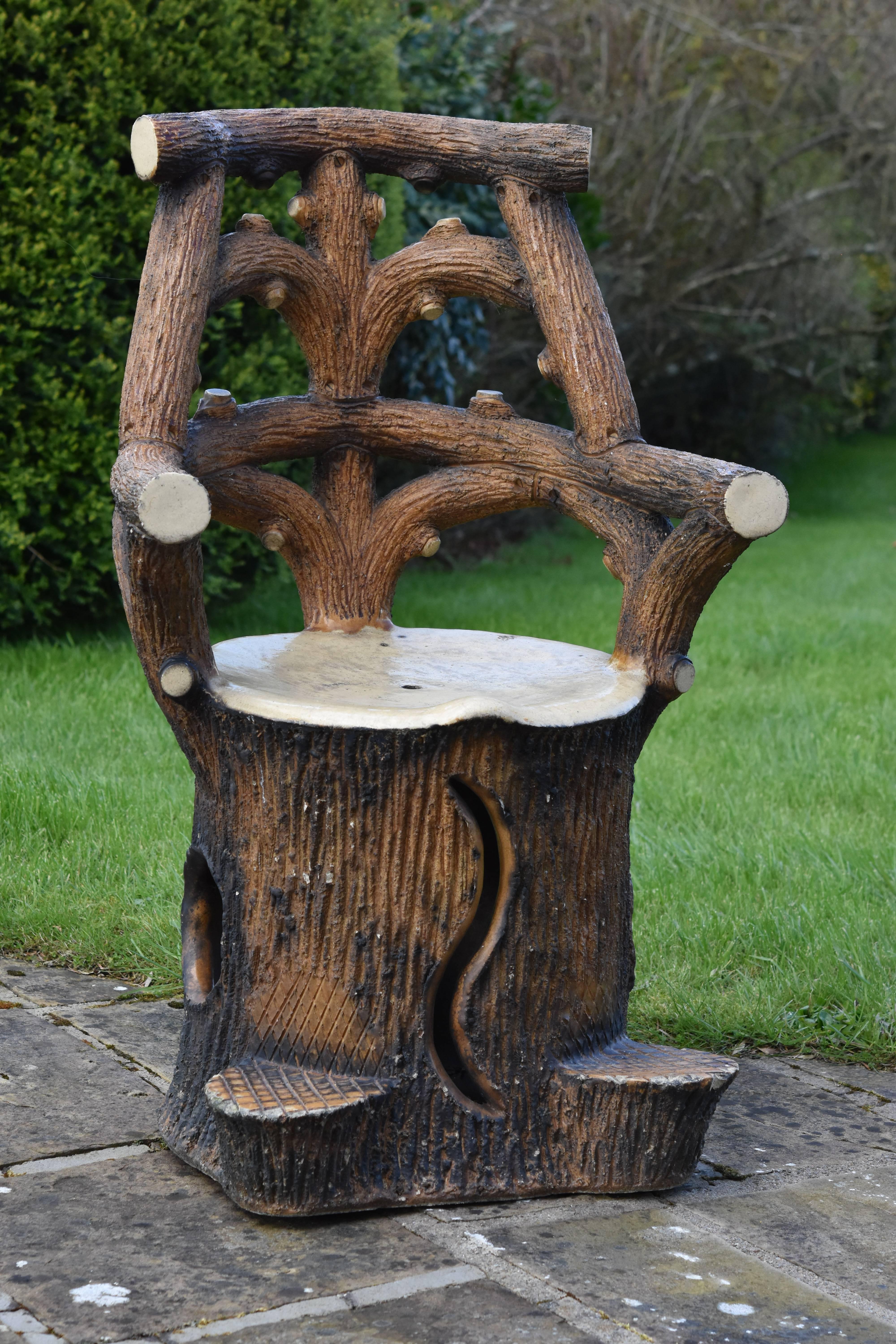 A very rare, Scottish brown Adirondack style stoneware faux bois garden armchair modelled as a cut tree trunk with branch backrest and arms, together with two feet rests.
Made to be used inside or out.
A truly amazing piece of Victorian whimsy being