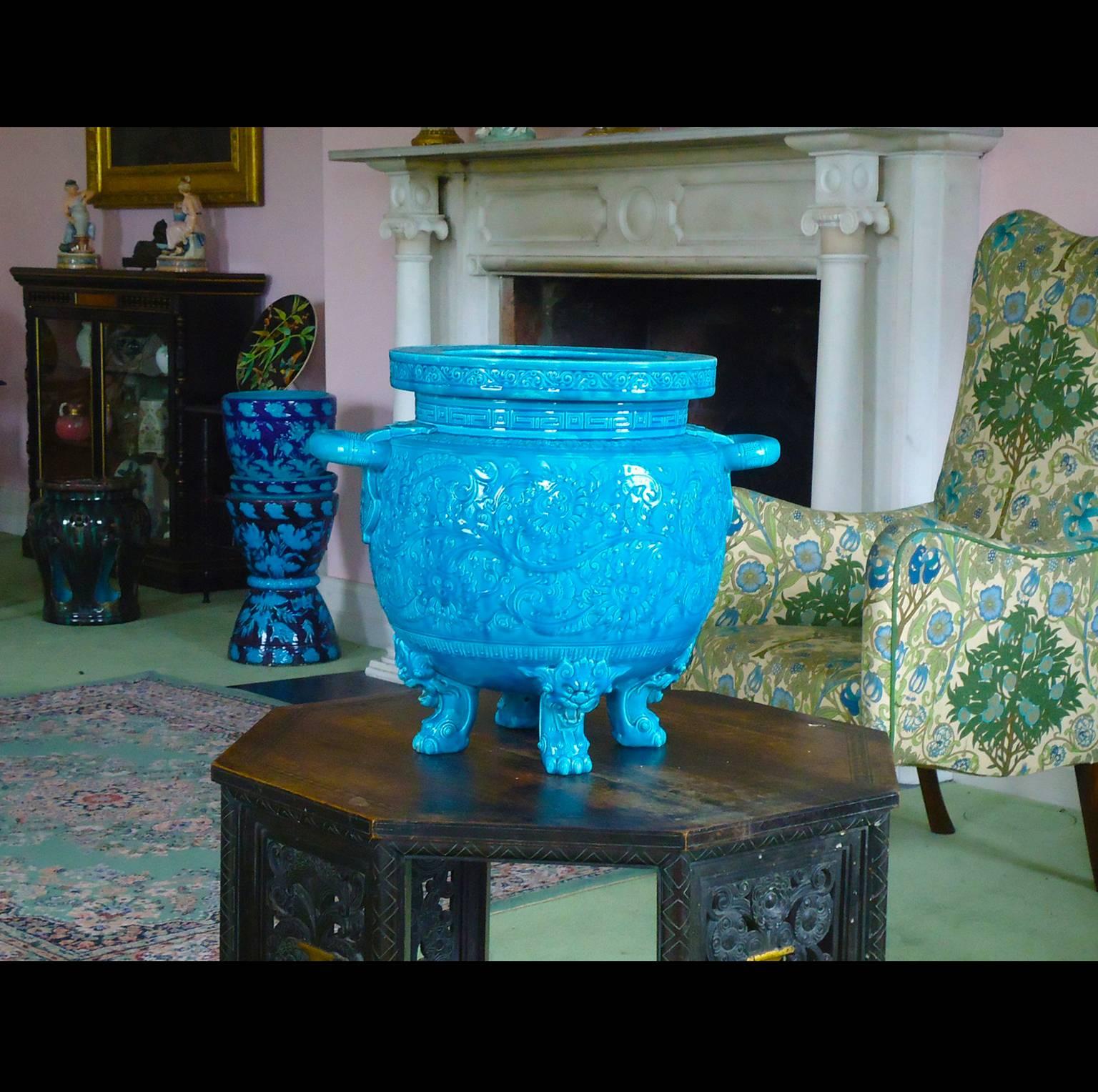 Minton Majolica floor jardinière in the Chinese style decorated in Persian blue glaze, circa 1875
The Victorian London porcelain retailer, Daniell and Son displayed a pair of these jardinieres on their Stand at the Philadelphia Centennial Exhibition