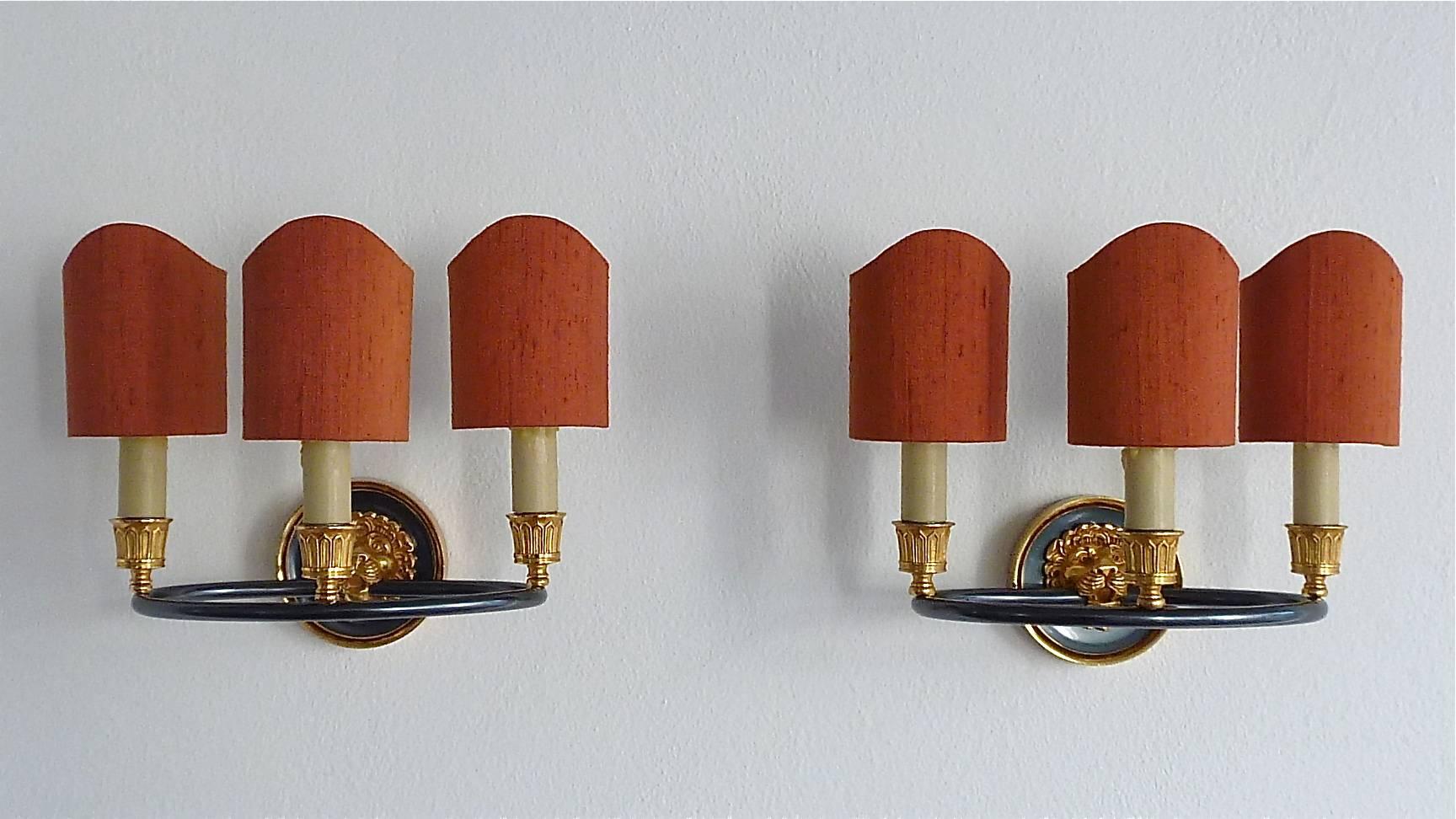 Mid-20th Century Signed Pair Maison Bagues Sconces Gilt Bronze Red Silk Shades Wall Lamp Jansen