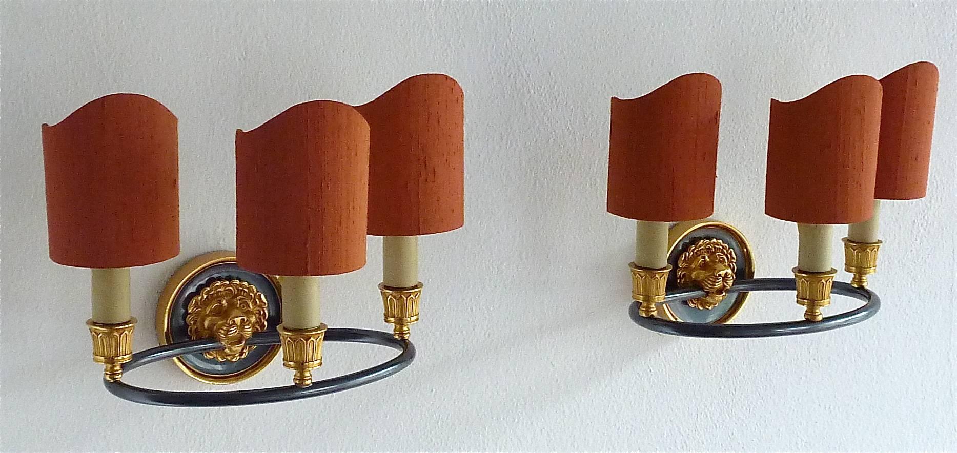 Signed Pair Maison Bagues Sconces Gilt Bronze Red Silk Shades Wall Lamp Jansen 1