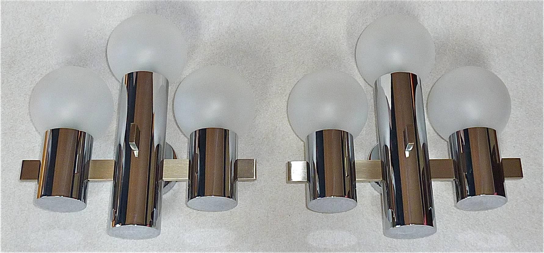 Stainless Steel Pair of Satin Globe Glass Chrome Brass Italian Sconces, Gaetano Sciolari, 1970s