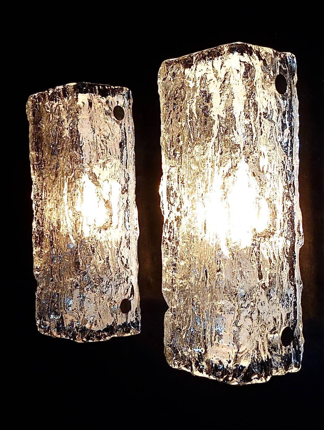 Pair Modernist Kaiser Sconces Wall Lamps Murano Ice Glass Silver White Metal 60s 2