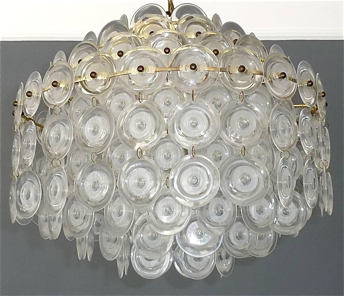 German Cascading Panton Style Chandelier Brass Lucite Disc Acrylic Shell Space Age 1970