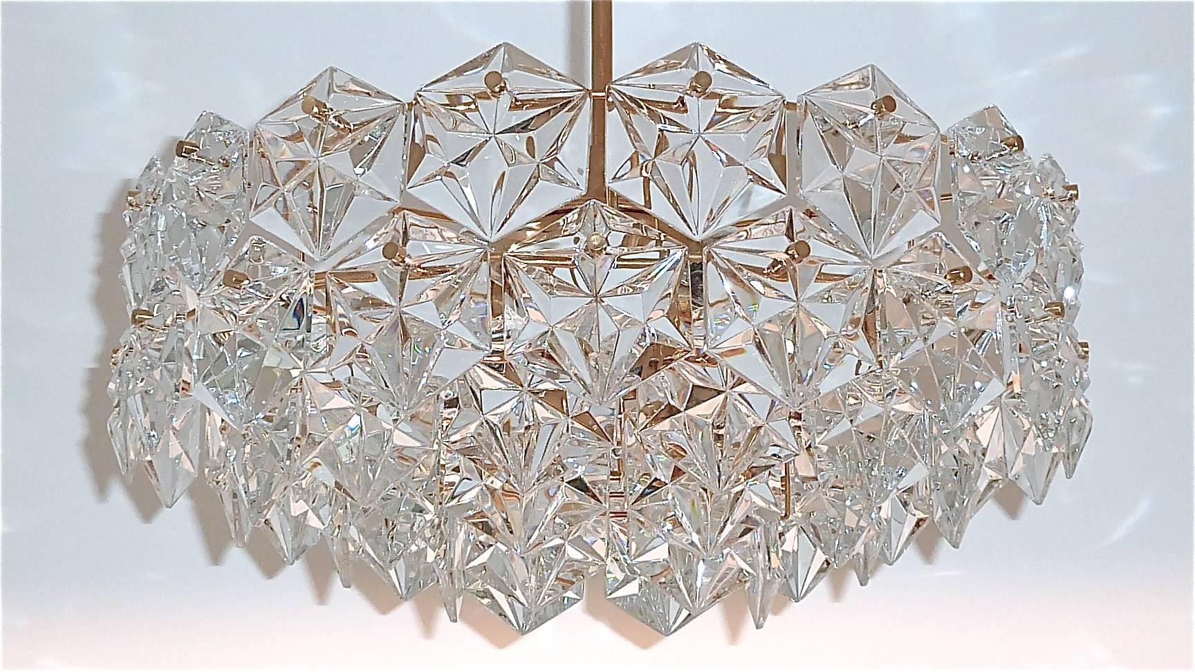 German Extra Large Gilt Brass Metal Crystal Glass Five-Tier Chandelier by Kinkeldey