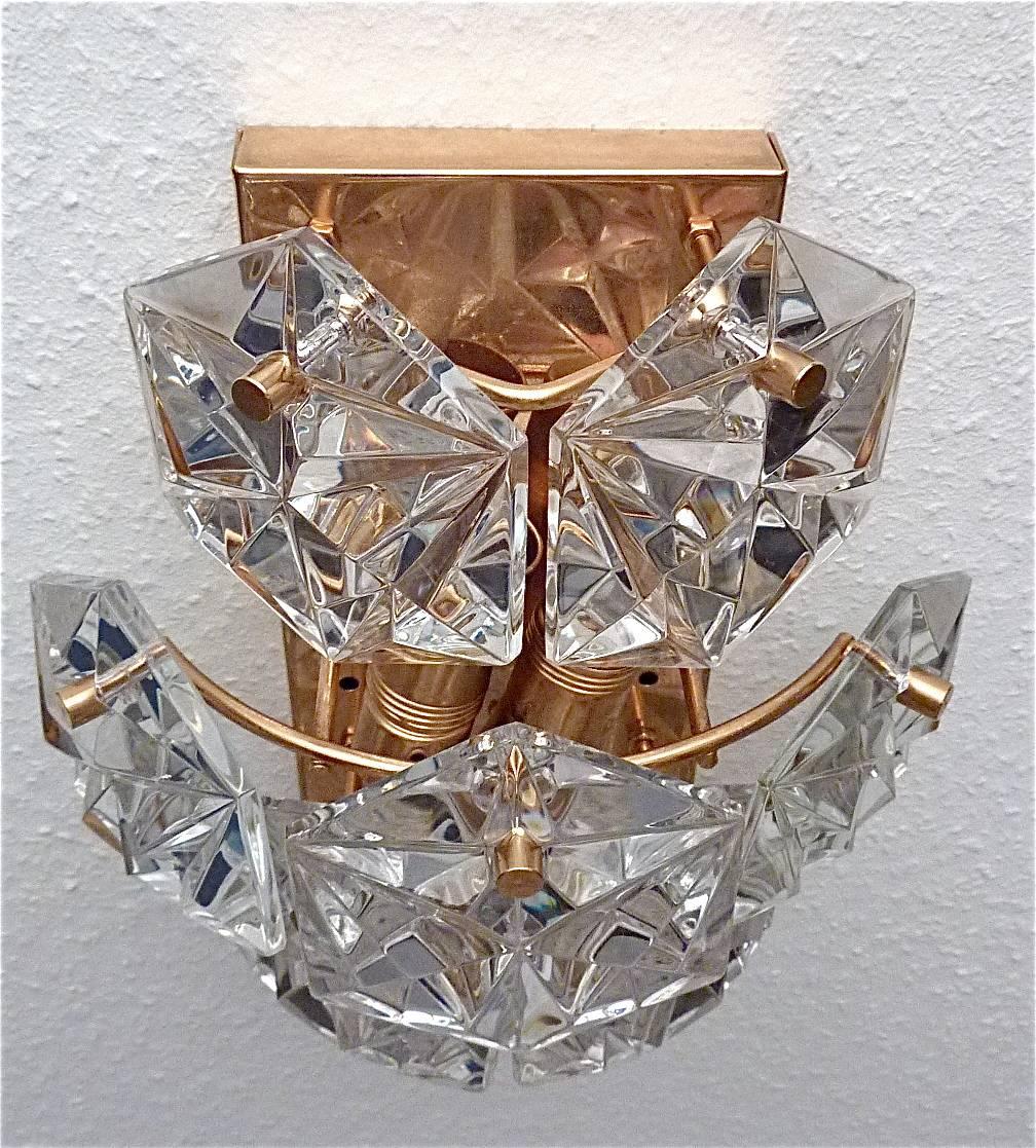 Pair Gilt Brass Metal Faceted Crystal Glass Sconces by Kinkeldey, Germany 1970s For Sale 3