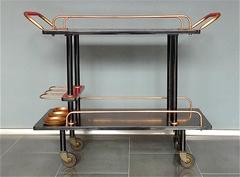Bauhaus Bar Cart Serving Drinks Trolley Black Wood Red Formica Copper, 1930s