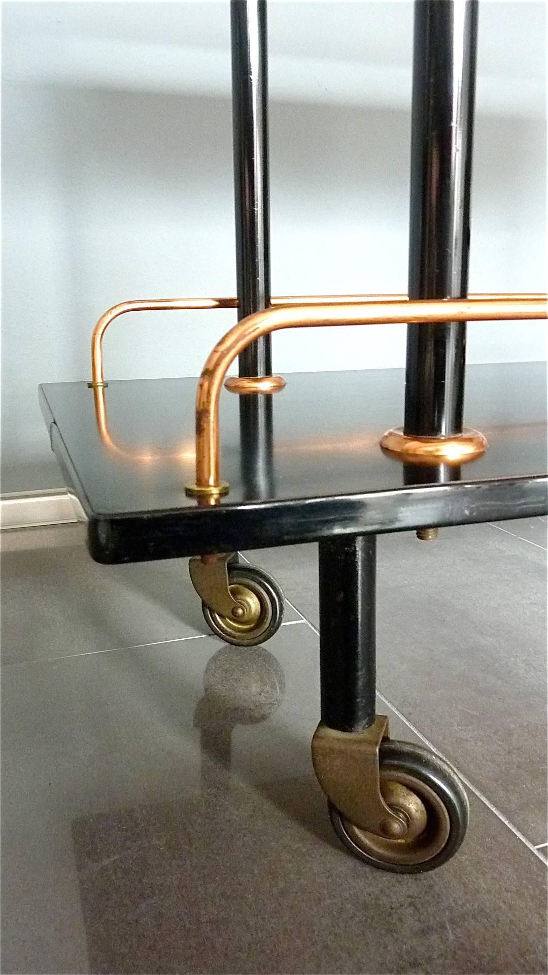 German Bauhaus Bar Cart Serving Drinks Trolley Black Wood Red Formica Copper, 1930s