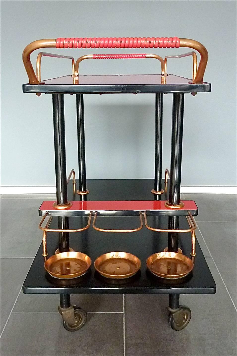 Painted Bauhaus Bar Cart Serving Drinks Trolley Black Wood Red Formica Copper, 1930s
