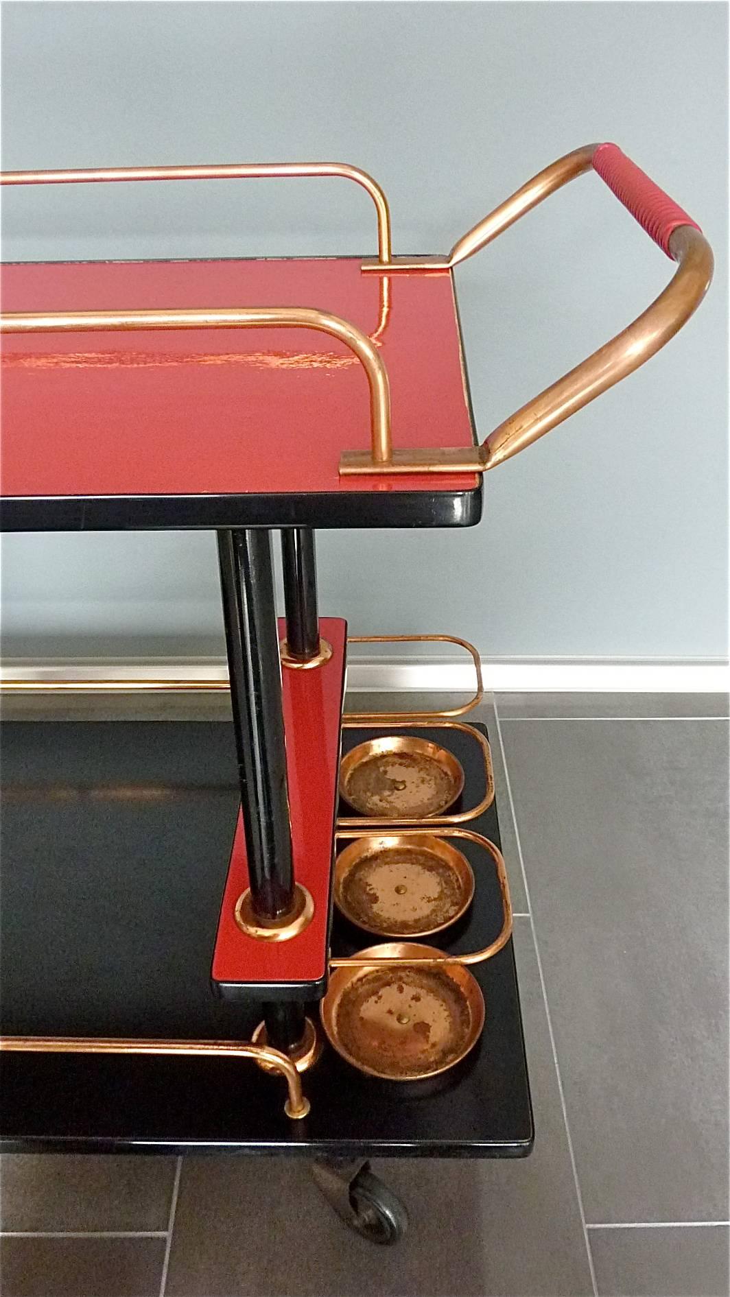 Mid-20th Century Bauhaus Bar Cart Serving Drinks Trolley Black Wood Red Formica Copper, 1930s