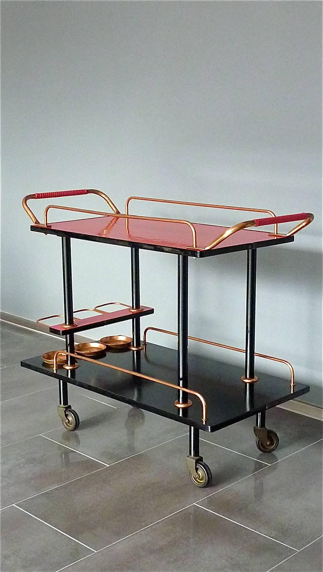 Bauhaus Bar Cart Serving Drinks Trolley Black Wood Red Formica Copper, 1930s 1