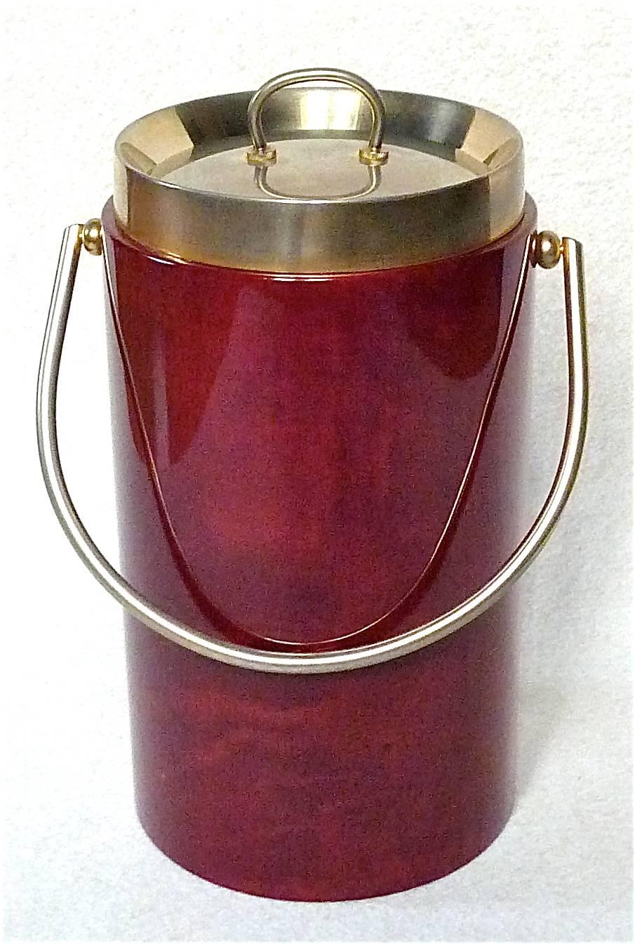 Mid-Century Modern Signed Aldo Tura Mid-Century Red Goatskin Italian Ice Bucket Wine Cooler 1960 For Sale