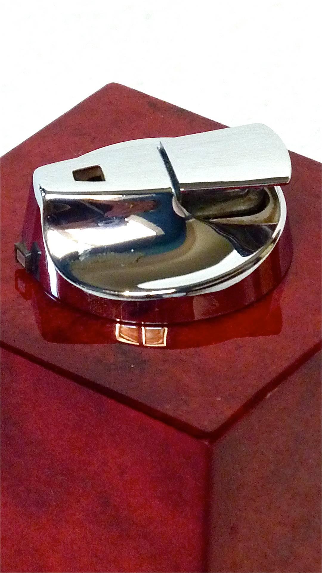 Varnished Luxus Vintage Table Lighter Light Red Goatskin Chrome by Aldo Tura, Italy 1960s