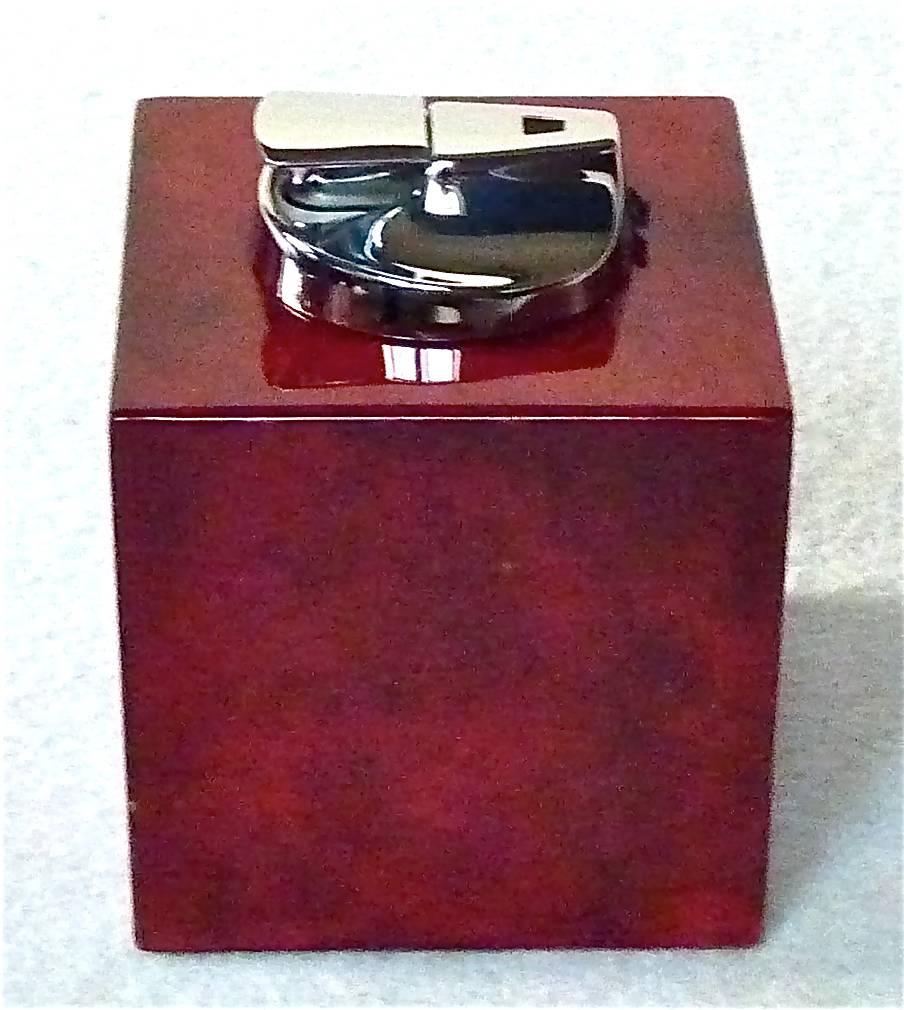 Luxus Vintage Table Lighter Light Red Goatskin Chrome by Aldo Tura, Italy 1960s 1