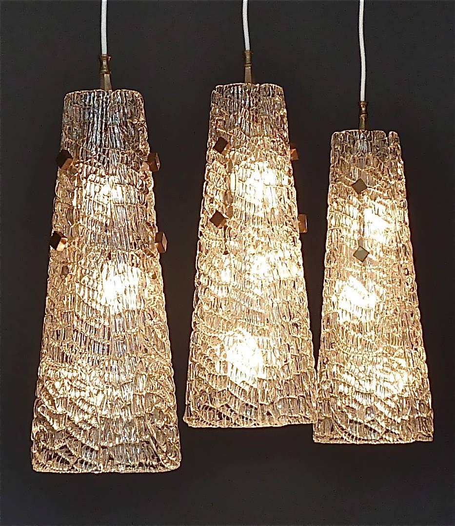 Austrian Set of Three Large J.T. Kalmar Lights Lamps Textured Murano Ice Glass Brass 1950