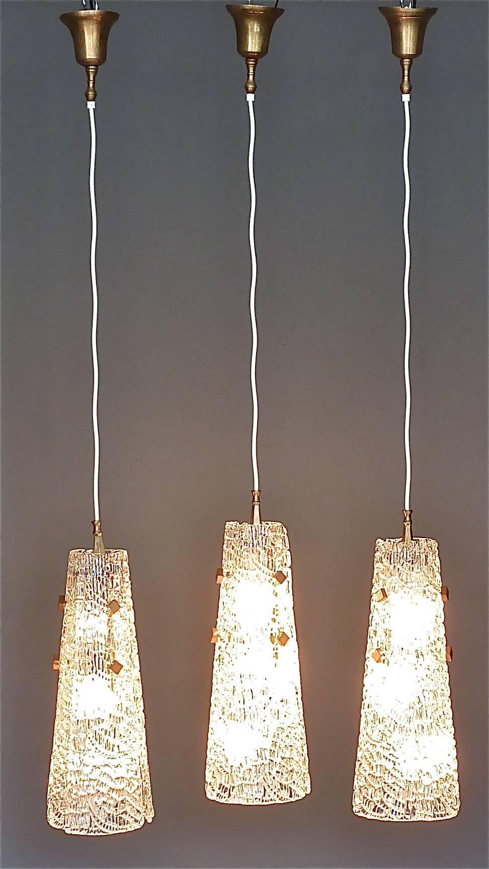 Patinated Set of Three Large J.T. Kalmar Lights Lamps Textured Murano Ice Glass Brass 1950