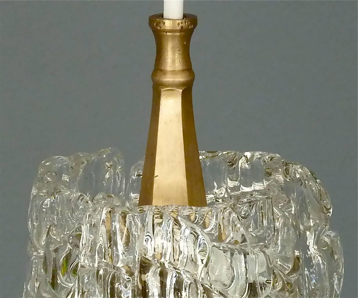 Mid-20th Century Set of Three Large J.T. Kalmar Lights Lamps Textured Murano Ice Glass Brass 1950