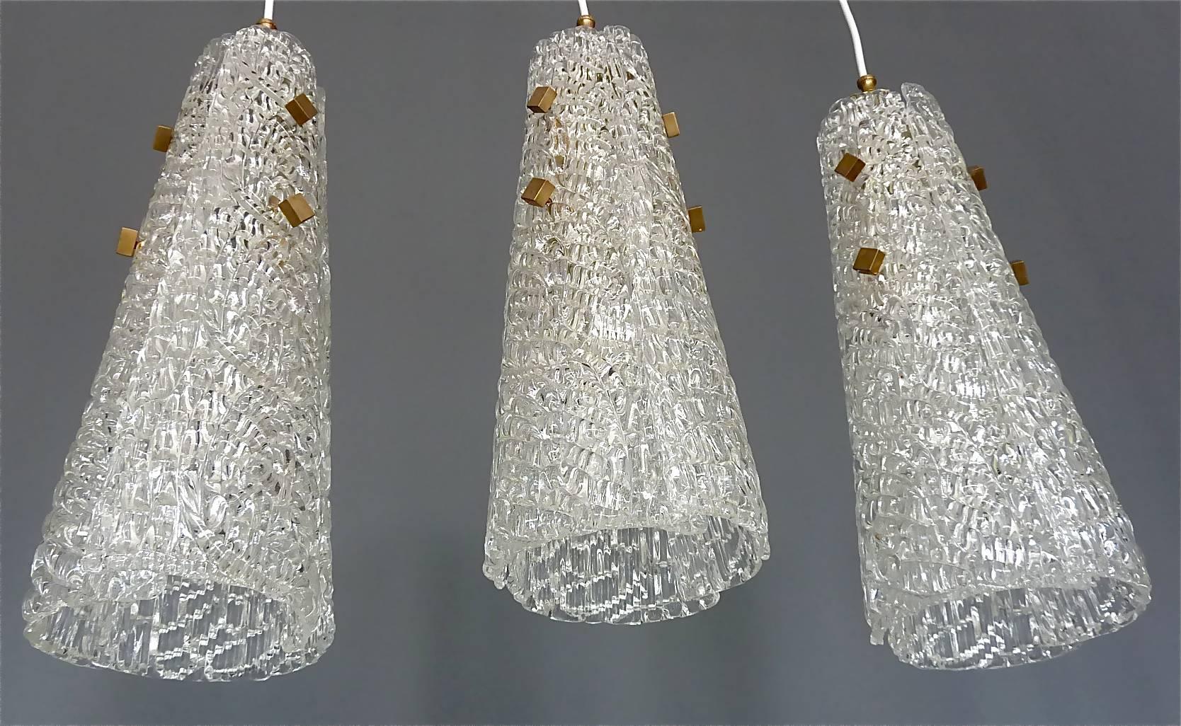 Set of Three Large J.T. Kalmar Lights Lamps Textured Murano Ice Glass Brass 1950 2