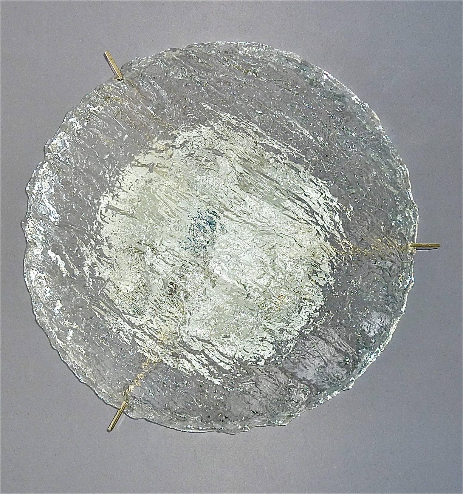 Mid-Century Modern Large Round Kaiser Ice Glass Flush Mount or Wall Lamp with Silvered Brass Holder