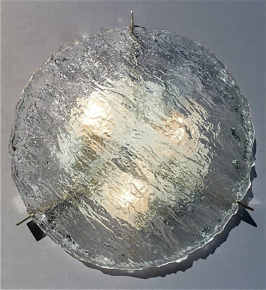 Large Round Kaiser Ice Glass Flush Mount or Wall Lamp with Silvered Brass Holder 3