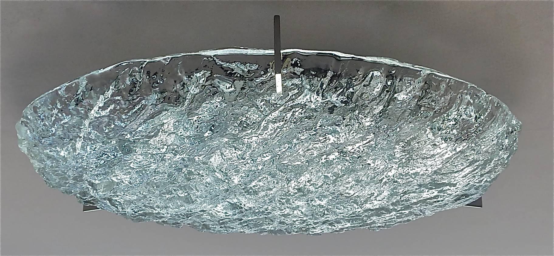 Large Round Kaiser Ice Glass Flush Mount or Wall Lamp with Silvered Brass Holder In Excellent Condition In Nierstein am Rhein, DE
