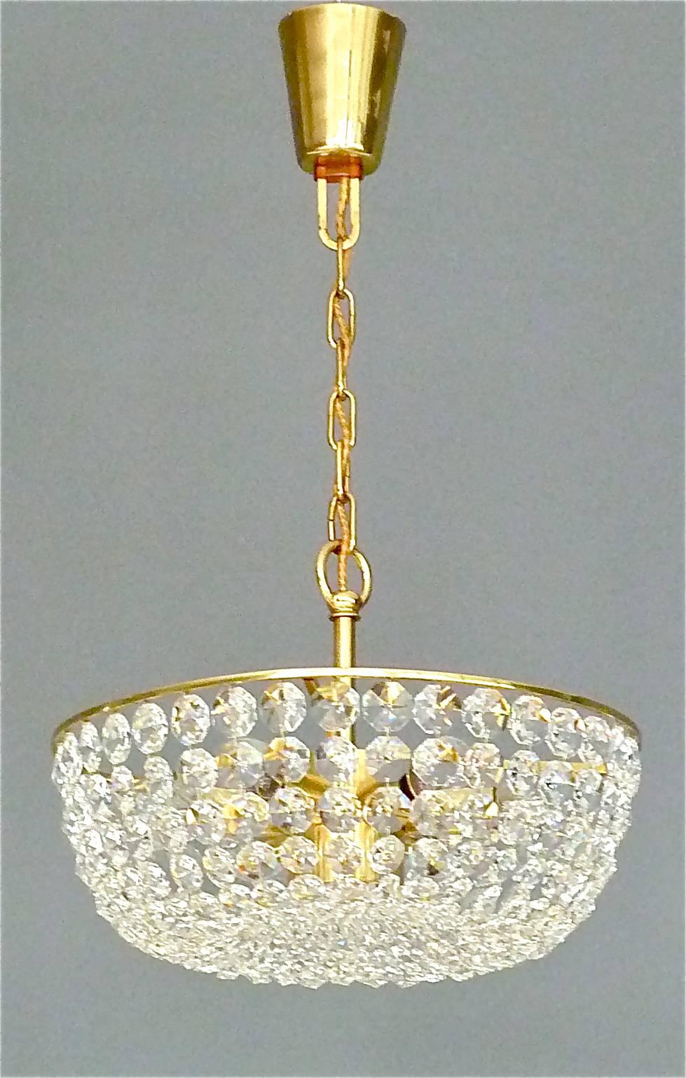 Patinated Austrian Bakalowits Chandelier Faceted Crystal Glass Gilt Brass Lamp Palwa 1960s For Sale