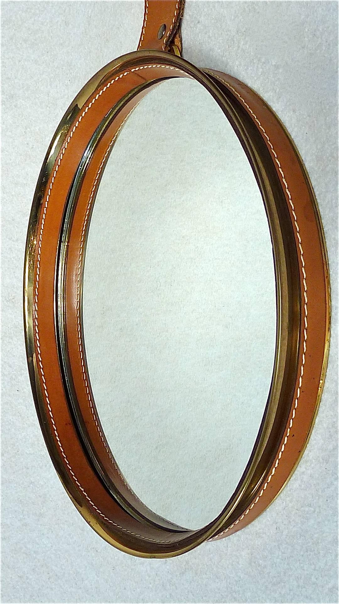 Round Midcentury Wall Mirror Brass Brown Stitched Leather French Adnet Style For Sale 2