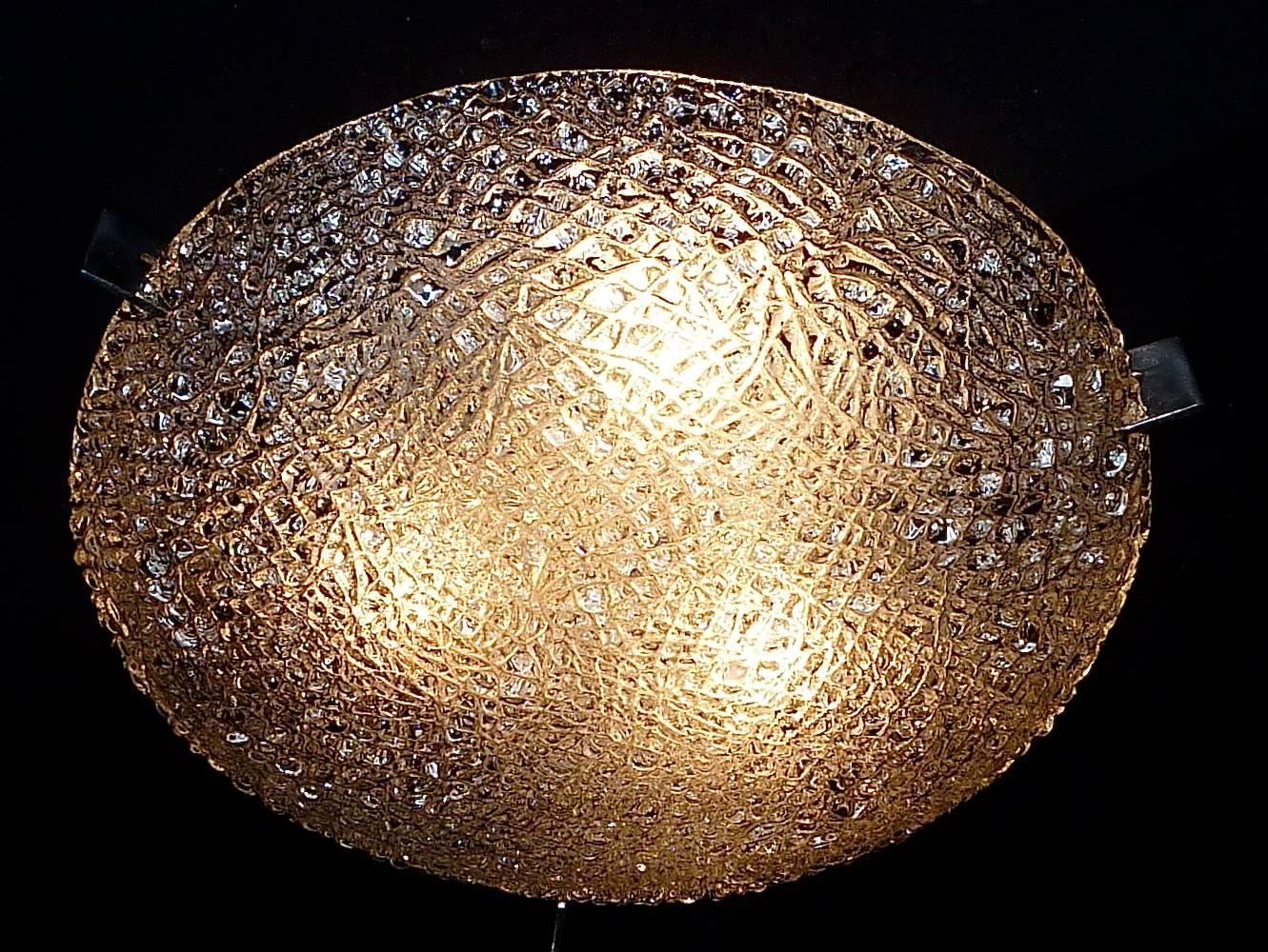 Metal Modernist Kaiser Textured Murano Ice Glass Flush Mount or Wall Lamp, Germany For Sale