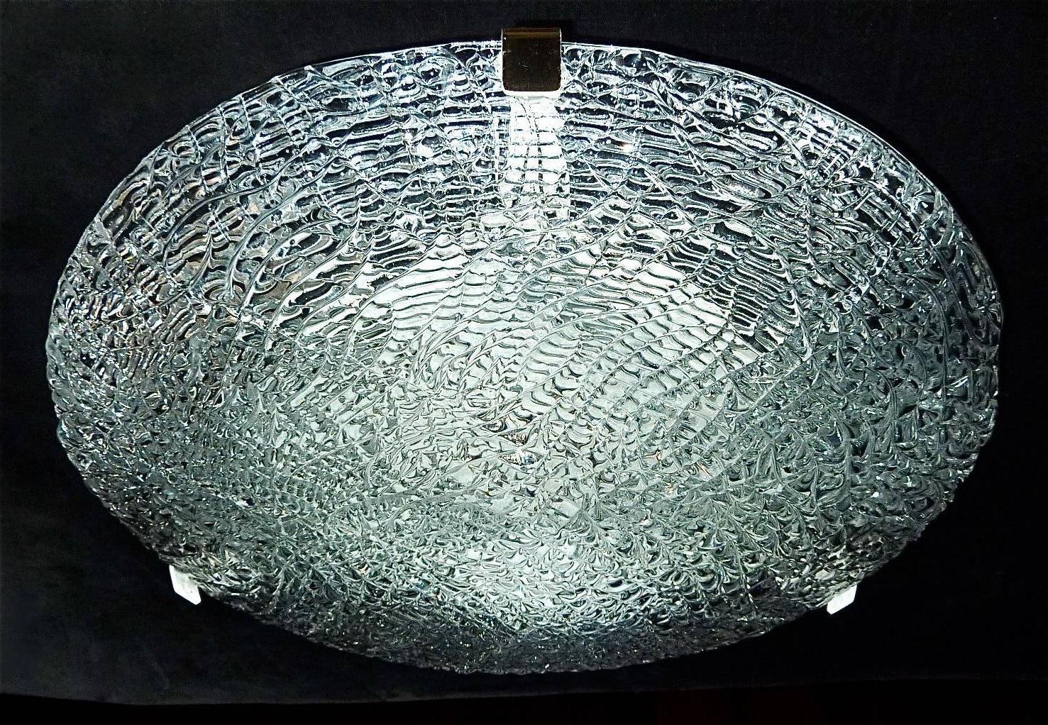 Austrian Large J.T. Kalmar Flush Mount Light Textured Ice Glass with Brass, Austria 1960s