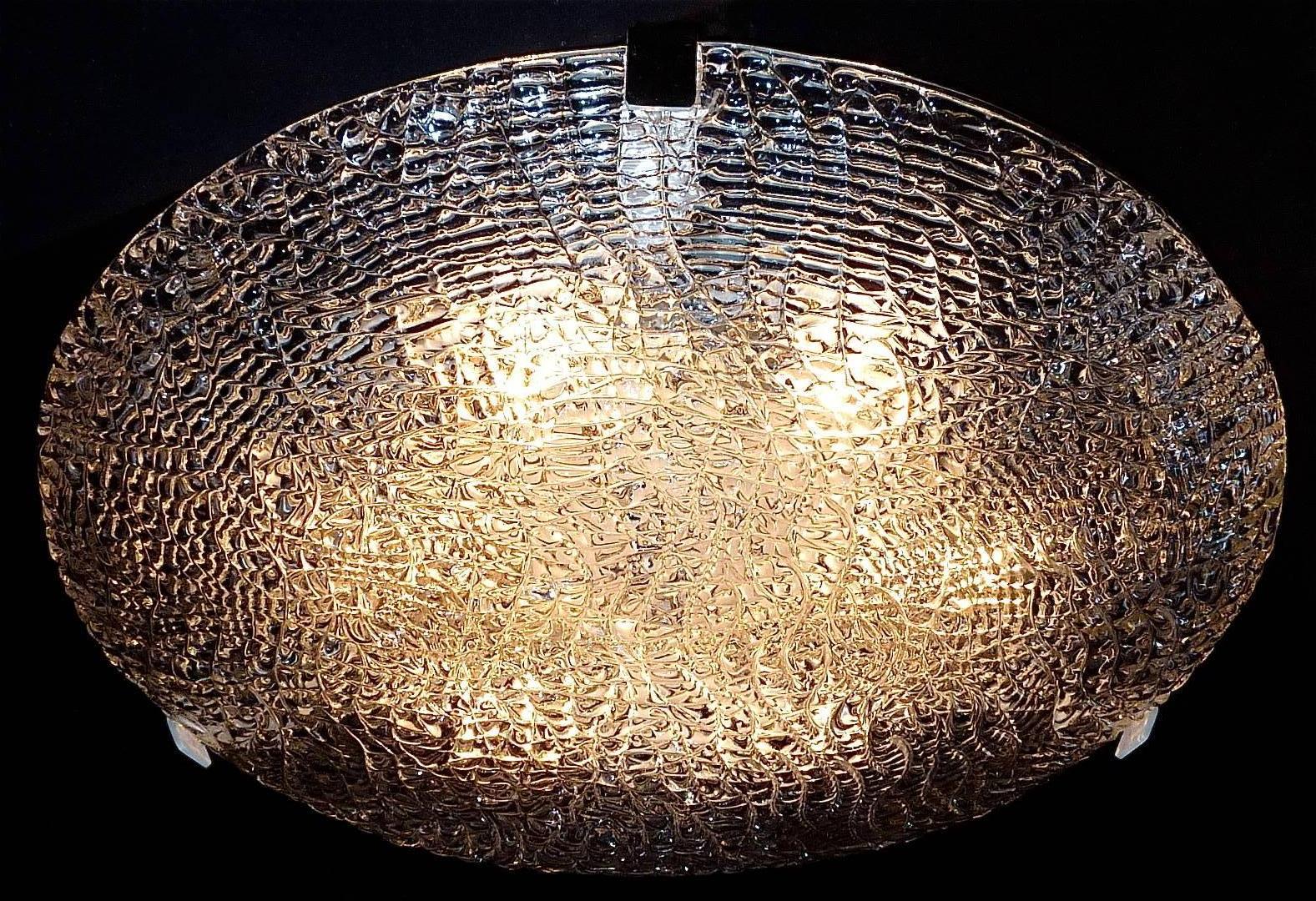 Mid-Century Modern Large J.T. Kalmar Flush Mount Light Textured Ice Glass with Brass, Austria 1960s
