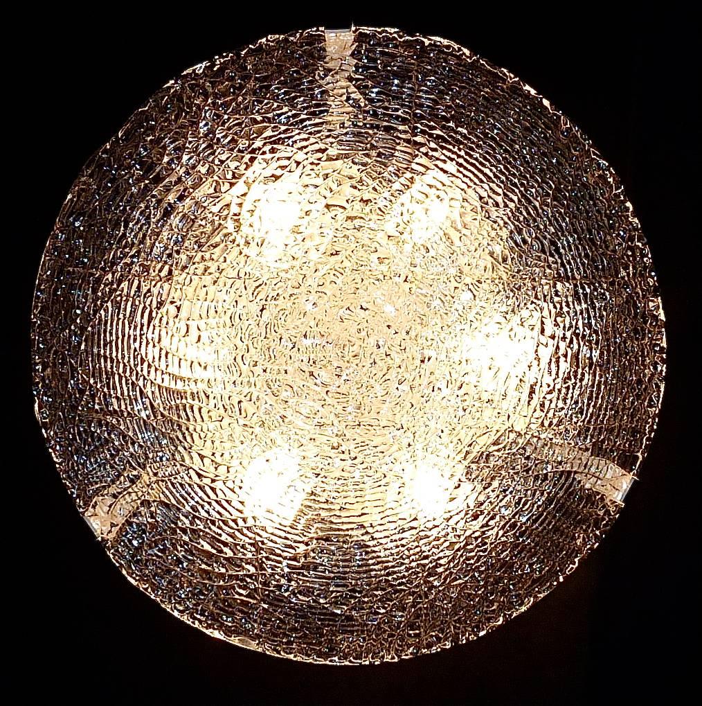 Large J.T. Kalmar Flush Mount Light Textured Ice Glass with Brass, Austria 1960s 2