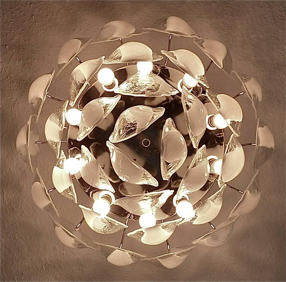 Stainless Steel Signed Lotus Flower White Murano Glass Chandelier by Carlo Nason for Mazzega