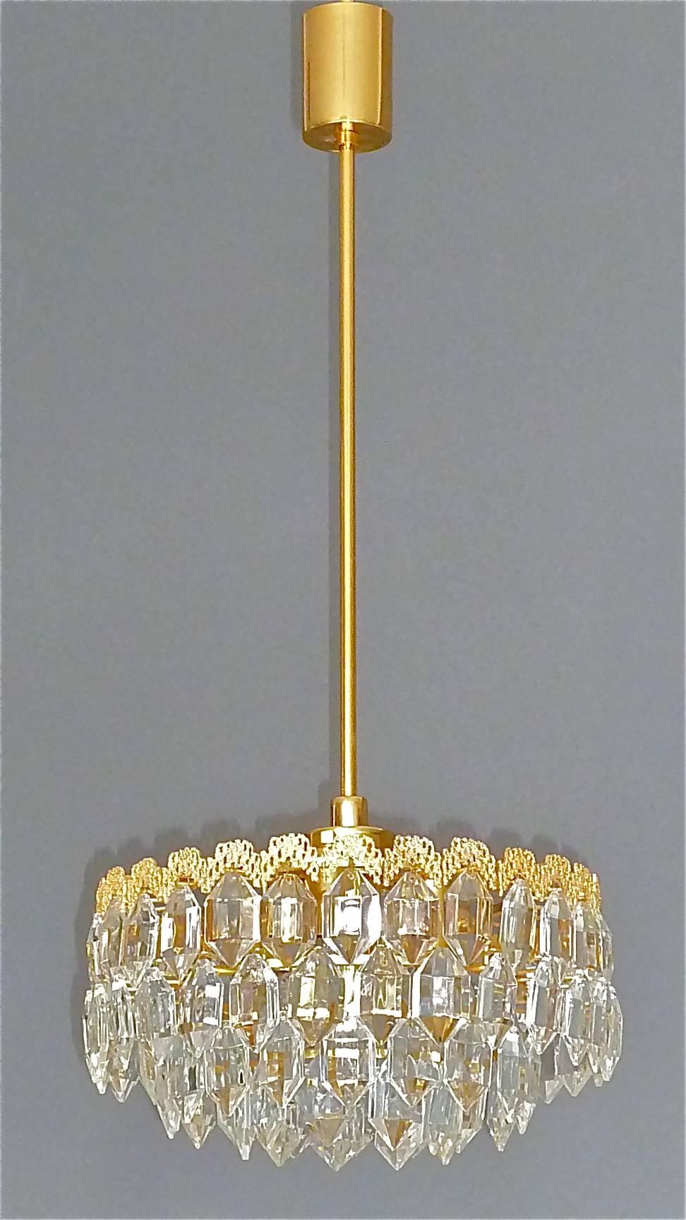 Mid-Century Modern Midcentury Bakalowits Chandelier Gilt Brass Faceted Crystal Glass Austria 1960s For Sale